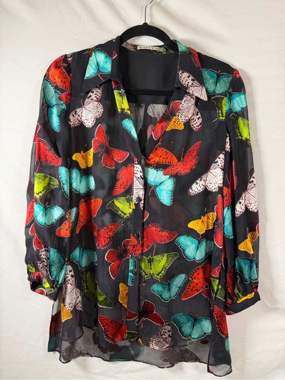 Alice + Olivia Butterfly Pri Alice + Olivia Butterfly Print Sheer Blouse Top M